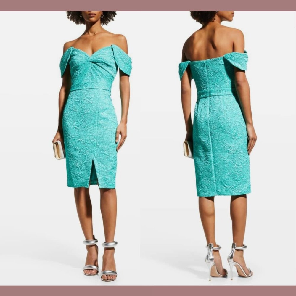 NEW $348 Tadashi Shoji [ 12 ] Audrie Off Shoulder Jacquard‎ Dress Jasmine Green
